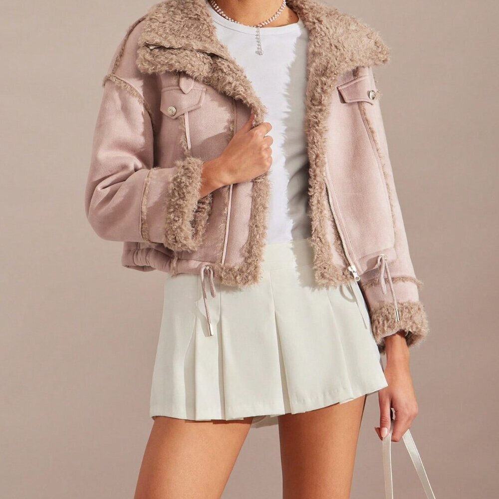 Mauve Purple Casual Women's Loose Drawstring Hem Faux Fur Trim Short Jacket - Picture 3 of 7
